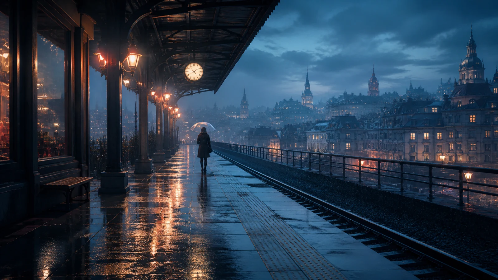 Cinematic AI image prompt example of a rainy elevated train station