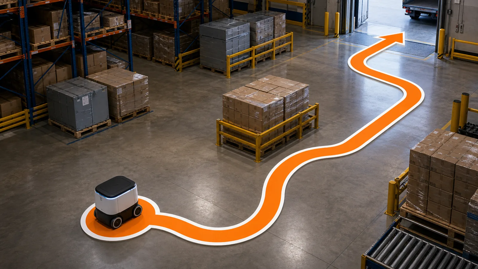 Delivery robot route through a warehouse loading area