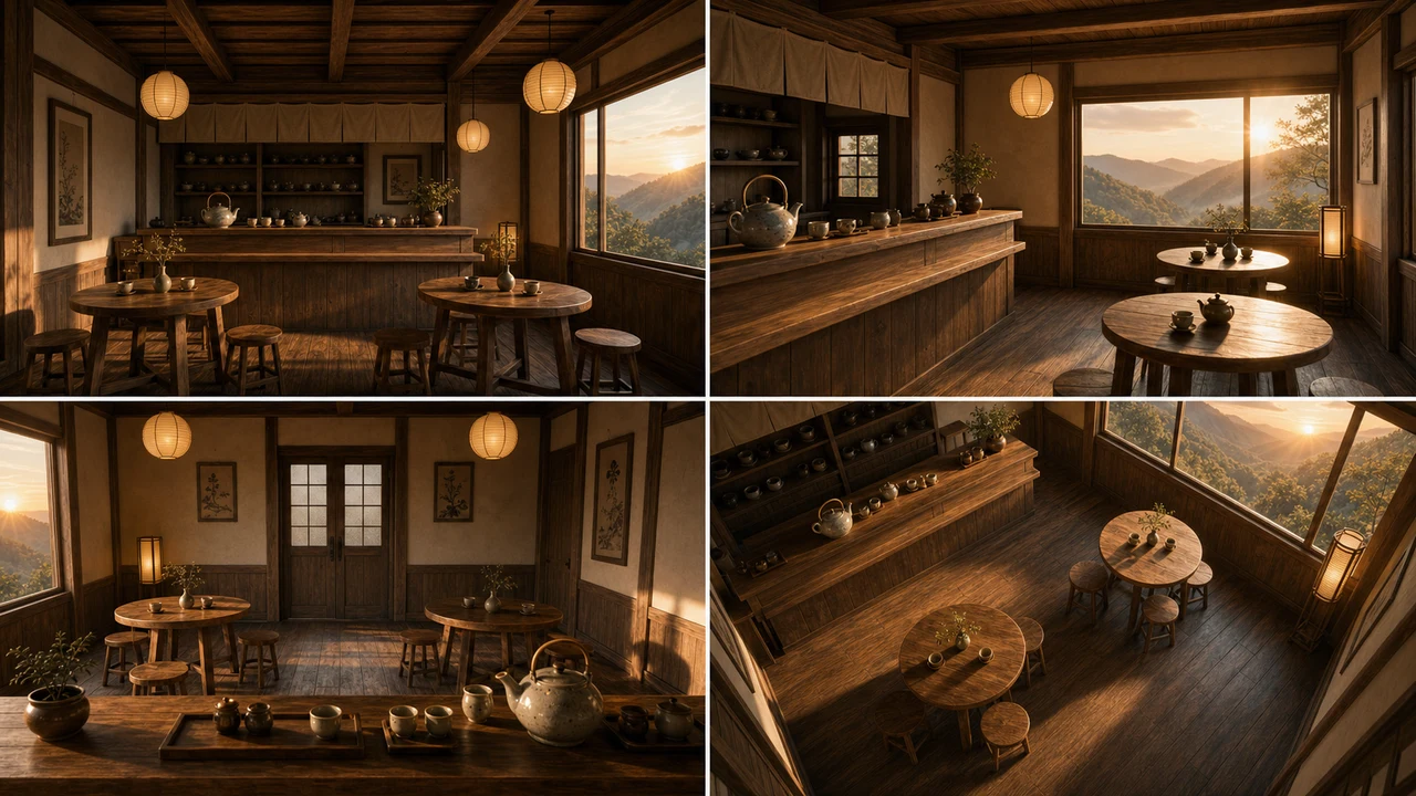 Tea house AI scene generator multi-angle reference grid