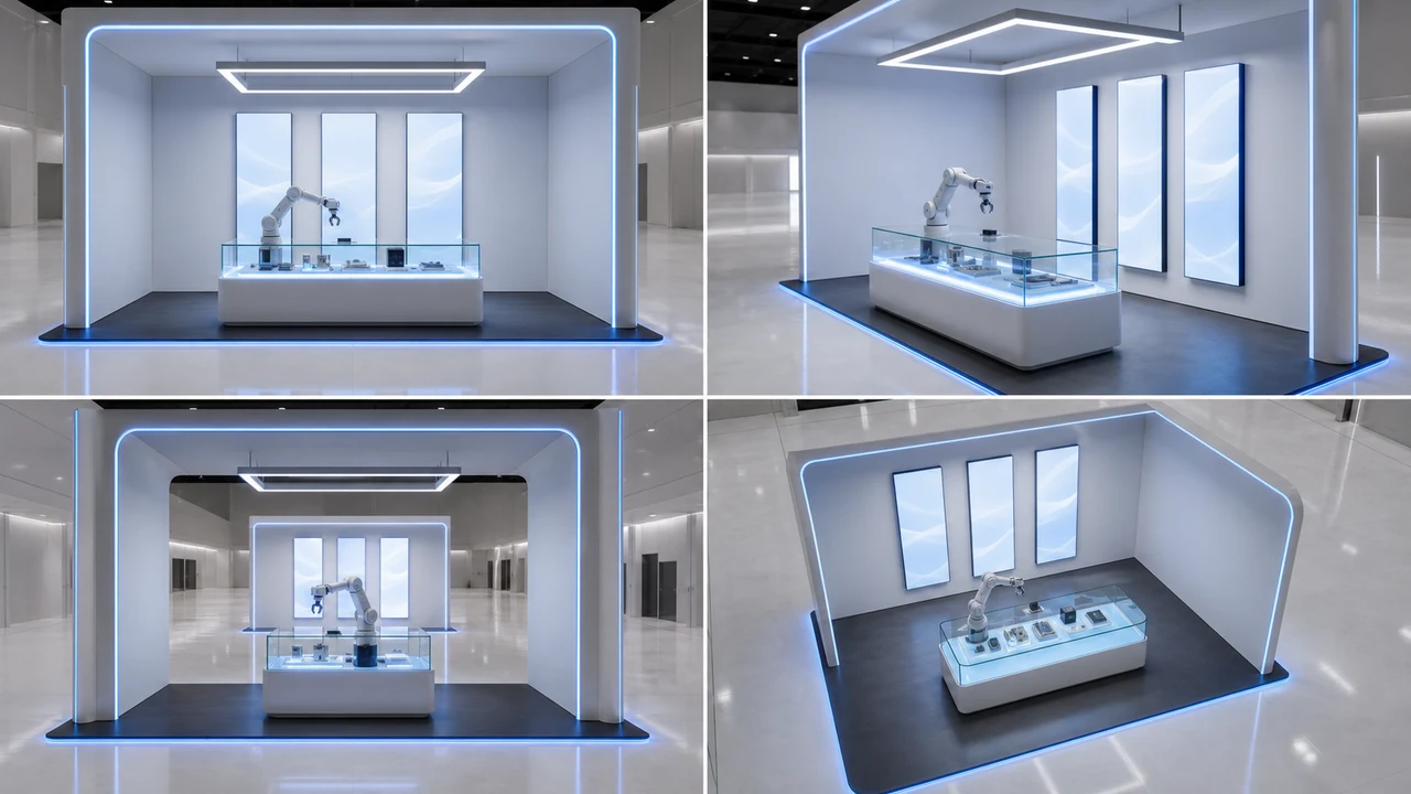 Futuristic product booth scene reference grid