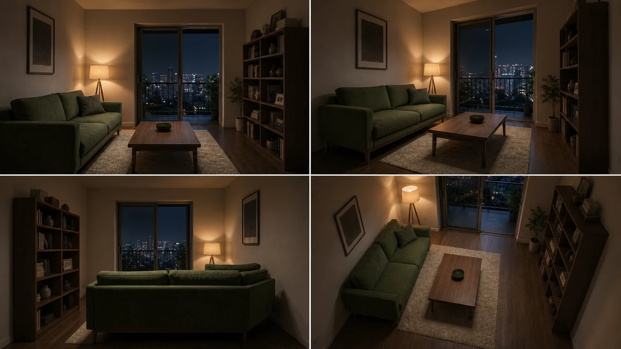 Cinematic apartment set generated from multiple scene angles