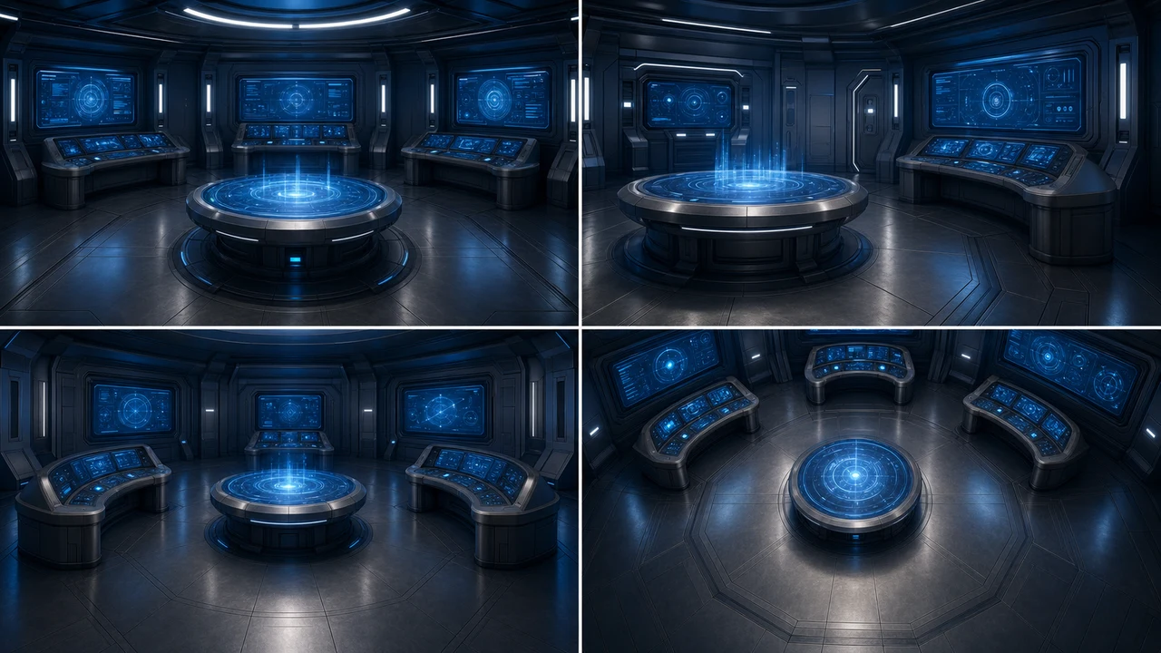 Sci-fi control room multi-angle scene references