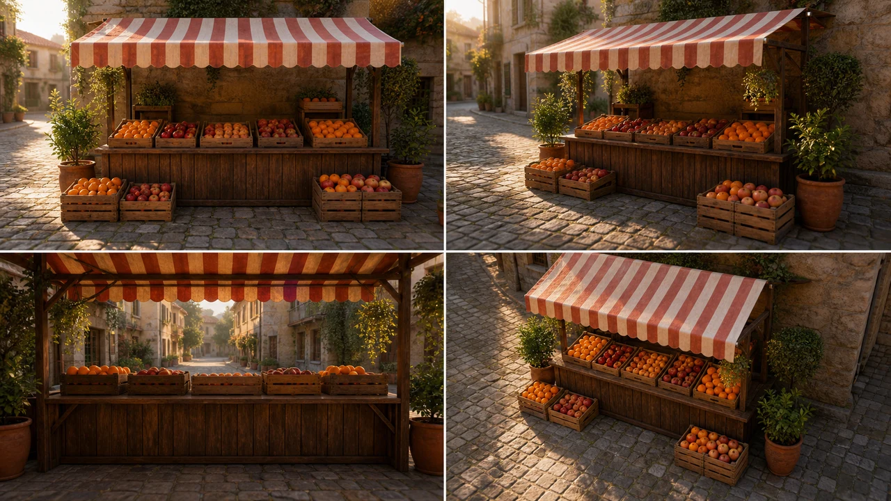 Outdoor market stall scene reference grid