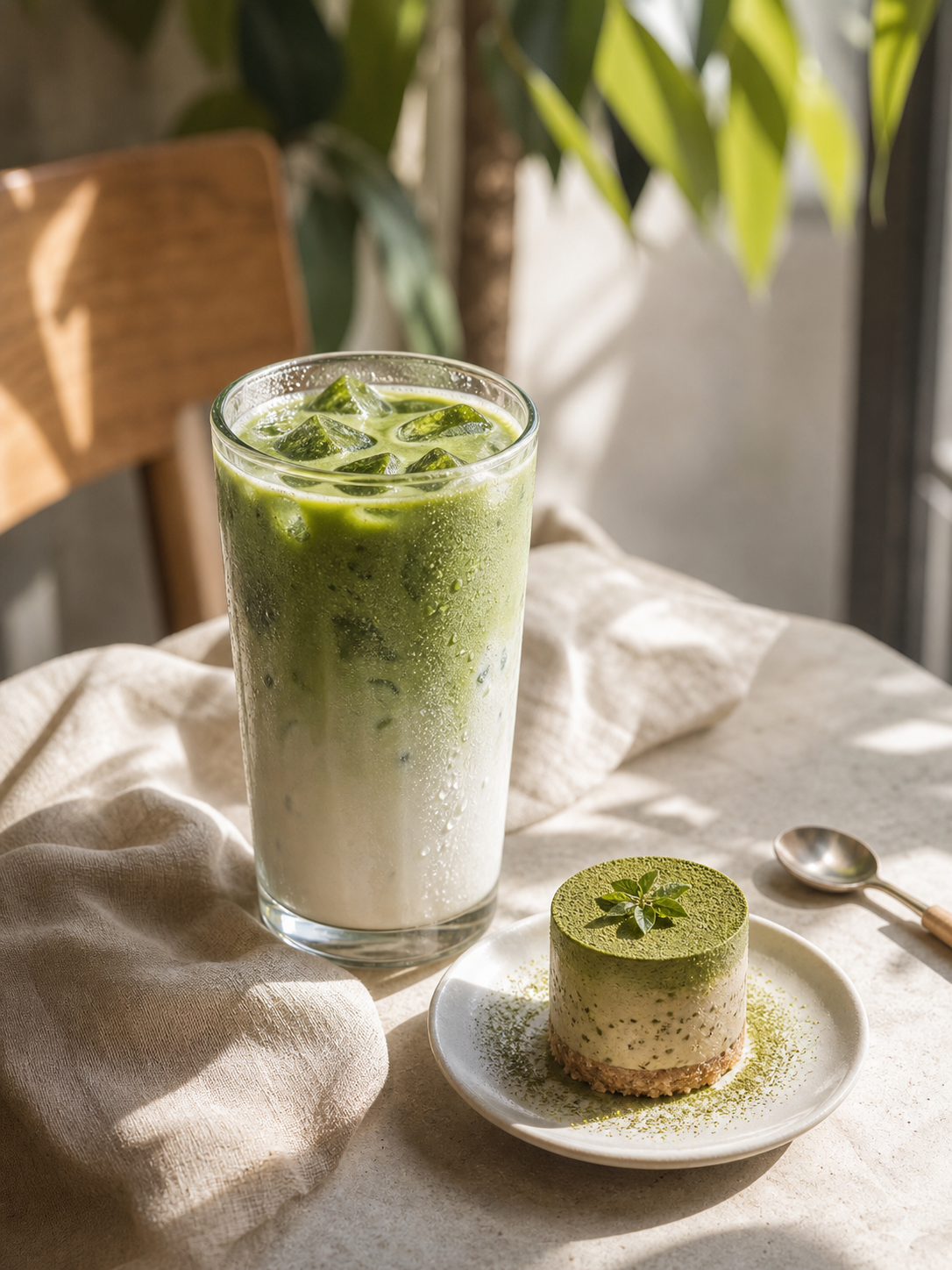 Original matcha drink and dessert image for an image to video AI food promo example