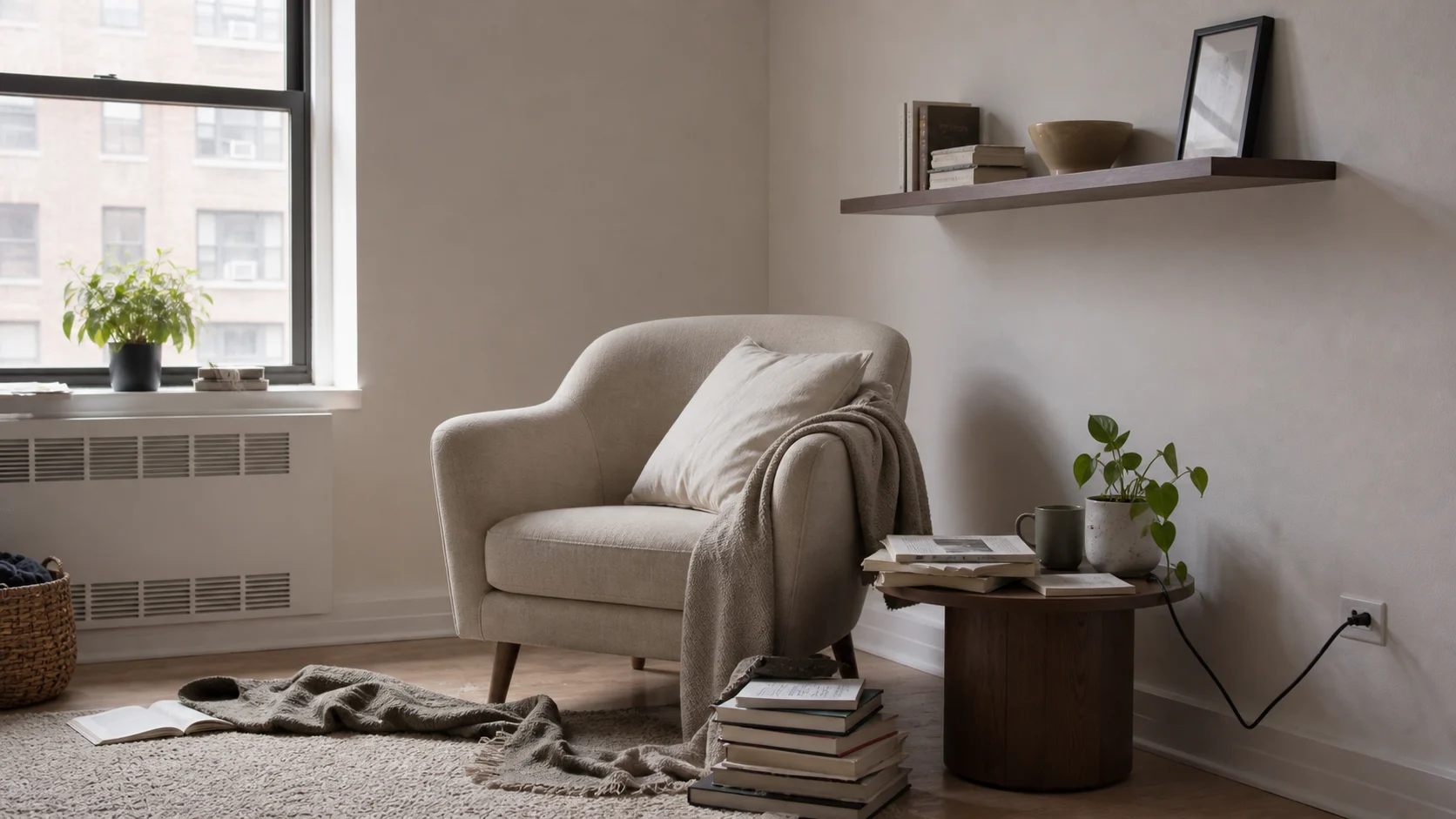 Before image for room refresh with a slightly cluttered interior corner